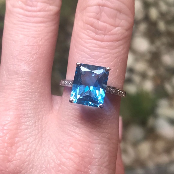 10K Topaz Diamond Solid White Gold Giant Gem Ring - Picture 13 of 16